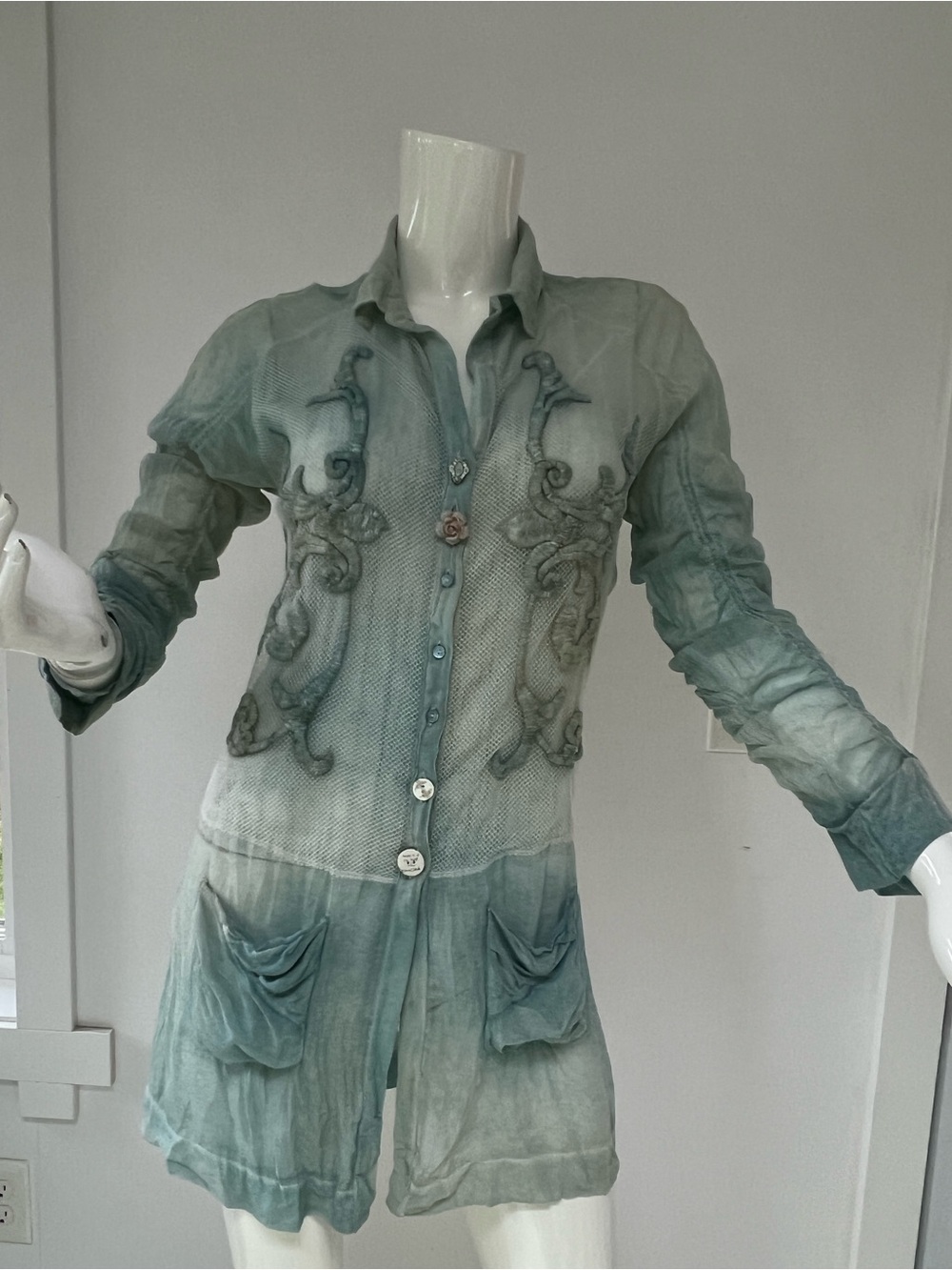 Elisa Cavaletti Italian Embroidered Mesh Tunic Top ,silk linen blouse